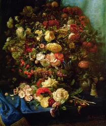 Stilleben av blomster på en avsats med fuglerede, 1884